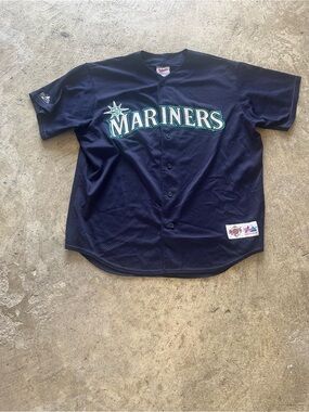 Majestic Navy and Teal Mariners Button-Front Jersey